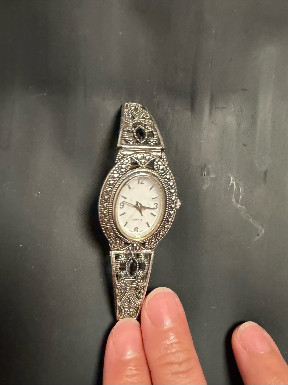 Art Deco Marcasite Silver-Tone Watch – Oval Face – Vintage Ladies